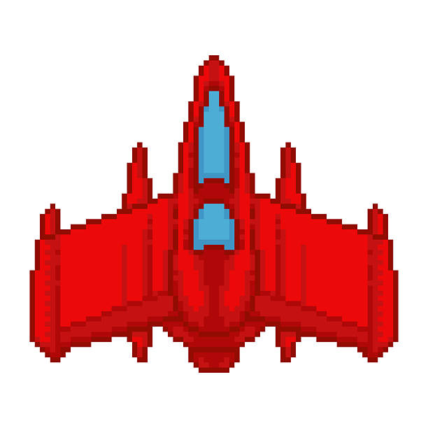 Pixel art red spaceship video game asset. 8-bit style starship vector isolated on white