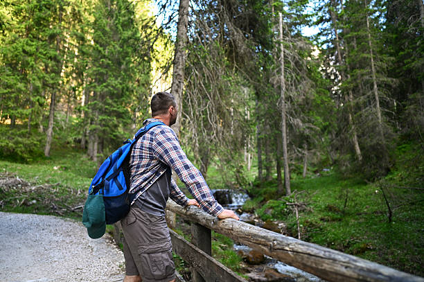 istock Hiker admiring the mountain stream in the forest 2234478874