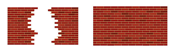 Red brick wall background with broken hole. Old architecture construction element. Destruction, renovation, building concept.