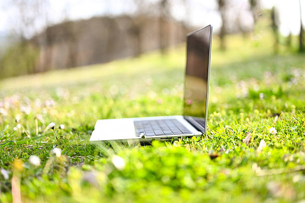 Laptop on vibrant green grass in a serene outdoor setting