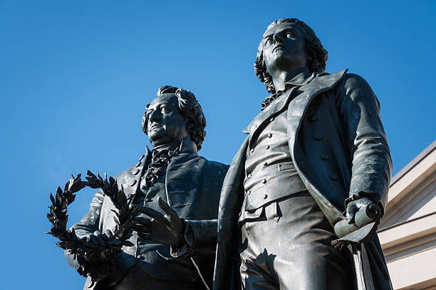 A close-up view of the Goethe and Schiller monument, highlighting its detailed craftsmanship and historic significance, set against a vivid blue sky in Weimar, Germany.