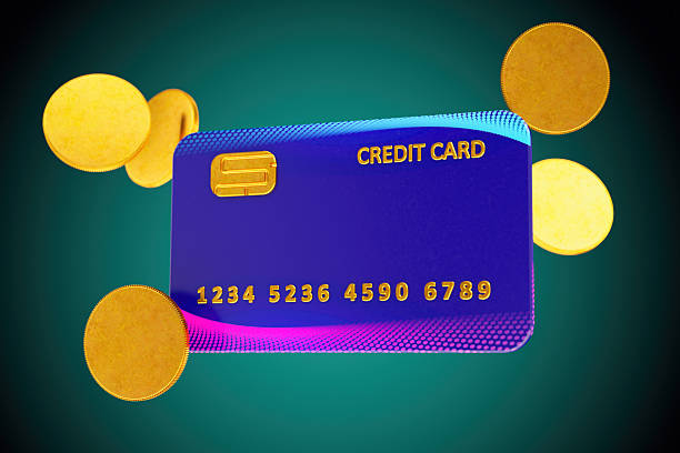 Credit Card Surrounded by Flying Golden Coins. 3D Render