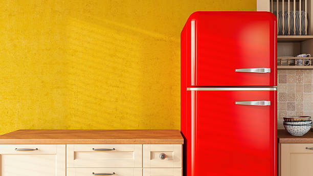 istock Retro Red Refrigerator in Colorful Yellow Kitchen Interior 2234486284