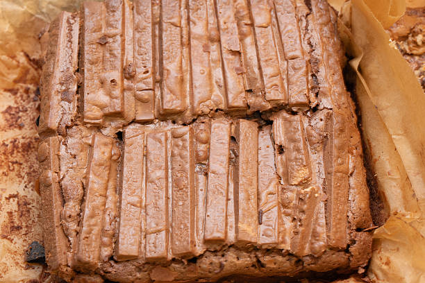 Top view of a stack of chocolate brownies