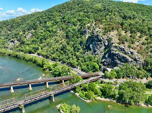 Drone view of the historic railroad bridge crossing the Potomac River at Harpers Ferry, West Virginia. The scene highlights the lush green mountain landscape, rocky cliffs, and winding river beneath a bright summer sky.