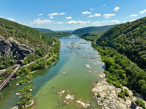 Aerial view of the Potomac River flowing through Harpers Ferry, West Virginia, surrounded by lush green mountains and rocky riverbanks. The scene highlights the natural beauty of the Appalachian region under a clear blue summer sky.