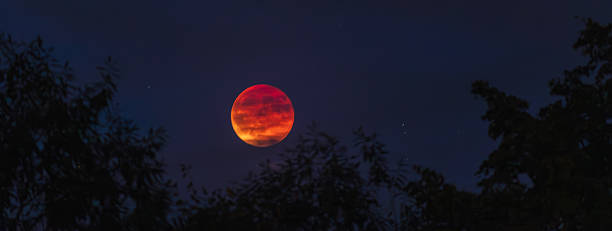 Blood red moon on night sky. 7th September 2025 full moon eclipse, long exposure