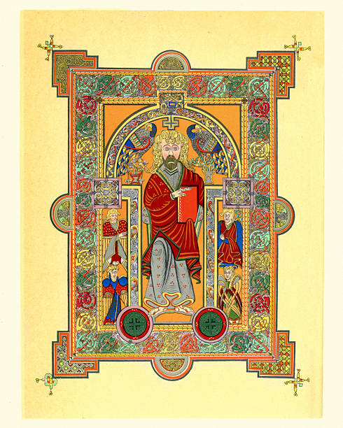 Jesus Christ enthroned, after illustration from the Book of Kells. The Book of Kells is an illuminated manuscript Gospel book in Latin created ca. 800 AD