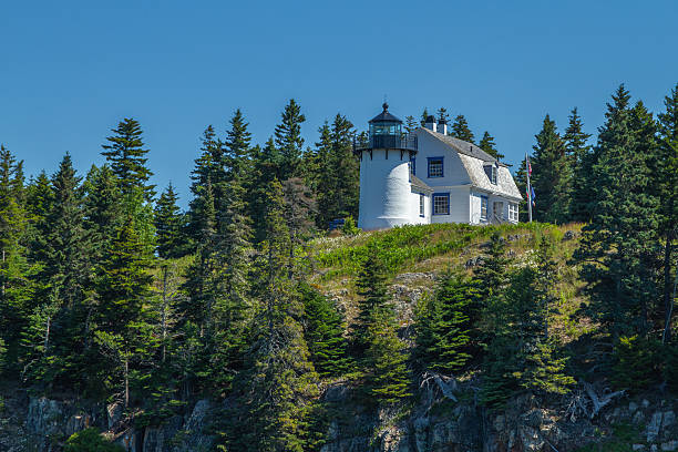 White and black lighthouse on Bear Island cliff Acadia National Park surrounded by trees on blue sky summer day.