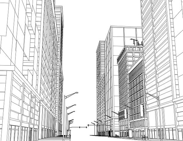 istock Black and white contour drawing of a city street 2234491876