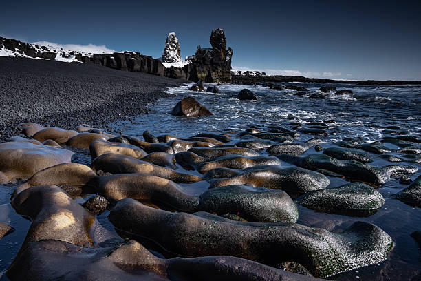 Smooth rocks and black sand are on a beach with ocean waves. Snowy cliffs and rock pillars are in the background under a clear sky.
