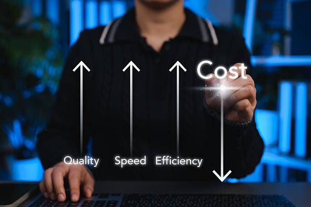 istock Business Efficiency and Cost Reduction Concept. Person analyzes data with arrows, increased quality, speed, and efficiency while cost decreases, productivity growth, effective cost management strategy 2234493918