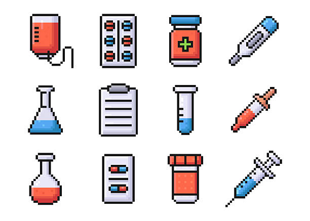 medical pixel icon set, syringe, thermometer, pipette, pills, flask, form, blank, jar of pills, drip, icons for mobile app, game, retro, old arcade style, 80s, 90s, vector illustration