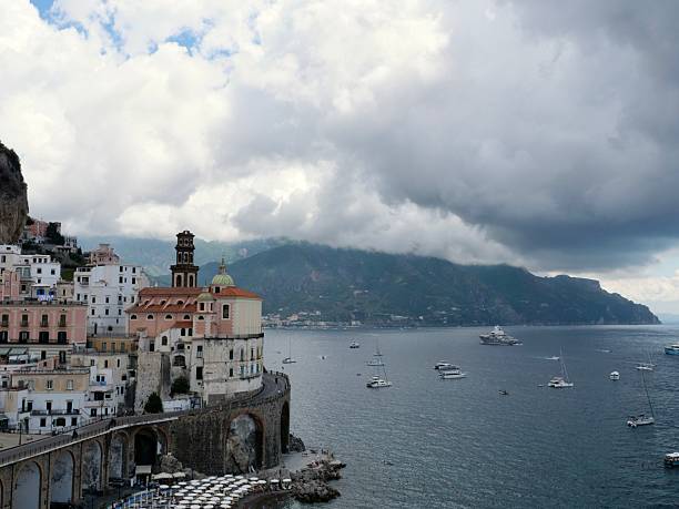 Stunning scenic view of the town of Amalfi and backdrop of the mountains.