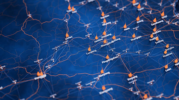 istock Luoyang map big data visualization. Futuristic map infographic of city in China. Visual map data complexity in modern blue and orange colors 2234508779