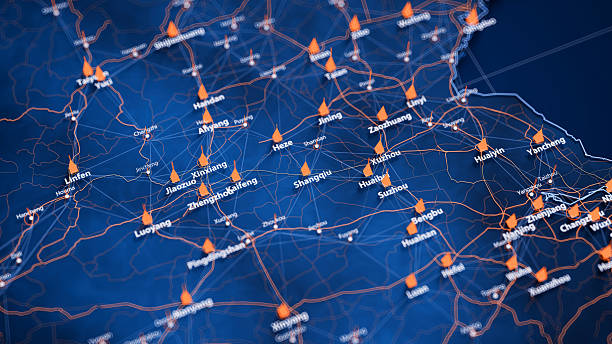 istock Shangqiu map big data visualization. Futuristic map infographic of city in China. Visual map data complexity in modern blue and orange colors 2234508870