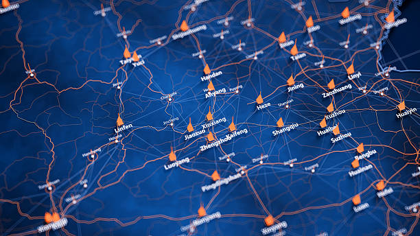 istock Xinxiang map big data visualization. Futuristic map infographic of city in China. Visual map data complexity in modern blue and orange colors 2234508981