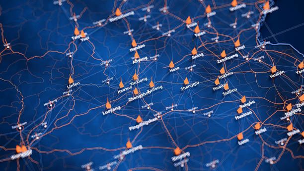 istock Kaifeng map big data visualization. Futuristic map infographic of city in China. Visual map data complexity in modern blue and orange colors 2234509809