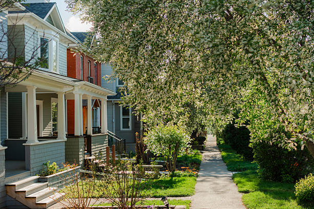 Cute residential street with blooming trees in Calgary, AB in  springtime