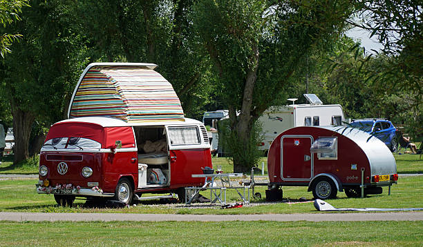 Brookvale, Canada - April 17, 2013: An Airstream International Overlander travel trailer parked in a field along a rural backroad.