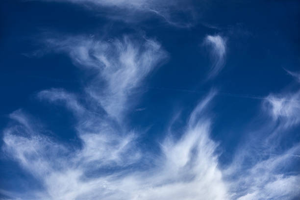 Delicate, wispy cloud veils sweep diagonally across a saturated azure backdrop, producing gentle motion without visual clutter. This minimalist composition offers balanced negative space around the cloud forms, making it versatile for print layouts, presentation covers, and mobile app splash screens. A timeless nature background suited to themes of breathing room, mindfulness, and blue-sky thinking.