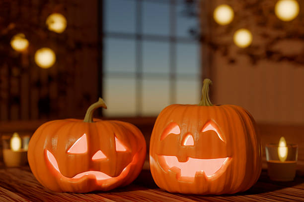 istock Halloween carved pumpkins with glowing faces on a table in a cozy indoor setting. 3d rendering 2234522360