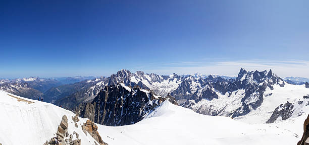 Panoramic views of the peak of Mont Blanc mountain in the French Alps mountains