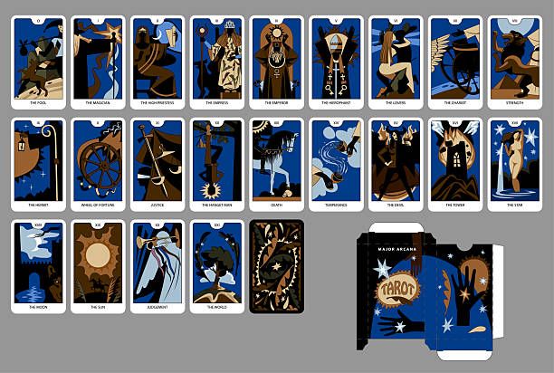 A complete deck of Major Arcana Tarot playing Cards in brown, black and blue colors and card's box design. Vector illustration in vintage cartoon minimalism flat style.