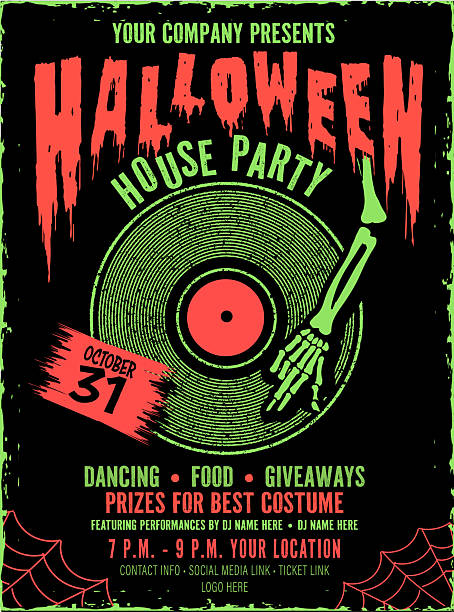Vector illustration Halloween House Party Bash with skeleton DJ hand on vinyl record green and red halftone colors on black background. Use for Halloween party advertisement or invitation. Vector eps and high resolution jpg in download.