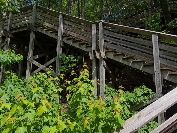 Wooden boardwalk steps down into the New River gorge viewing platform. A pedestrian walkway design element.