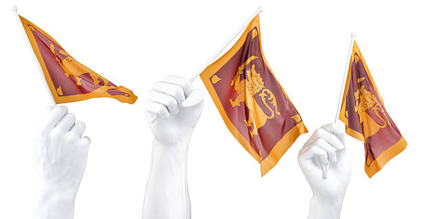 Hand holding flag of Sri Lanka. Isolated 3d Rendering.