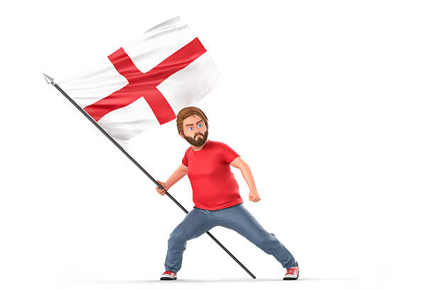 Cartoon male gripping England flag, expressing patriotic support during sporting event or national celebration. 3D Rendering