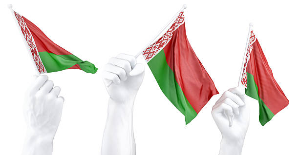 Hand holding flag of Belarus. Isolated 3d Rendering.