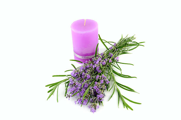 A thick purple candle with a metallic ribbon stands next to a bouquet of fresh lavender flowers on a pure white background. The elegant, minimalist arrangement evokes feelings of calm and relaxation.