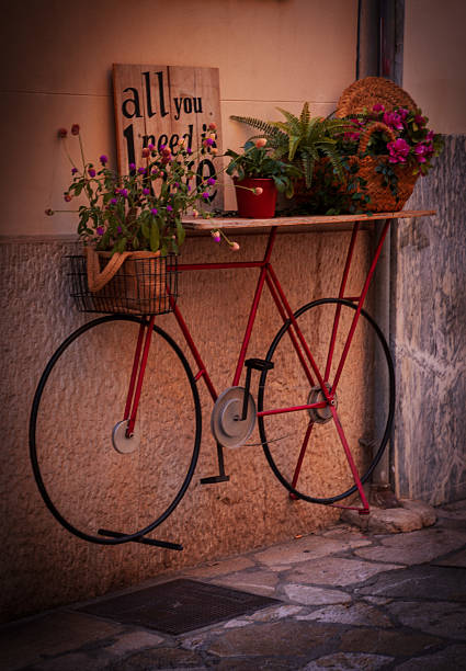 Mountain bike with wooden baskets full of flowers