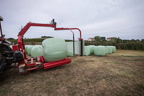 Tractor with machinery wrapping large hay bales in plastic film for silage preservation. Rows of wrapped bales are visible on the field, illustrating modern farming techniques and sustainable fodder storage.