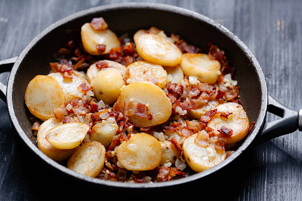 close up of traditional german pan-fried potatoes bratkartoffeln