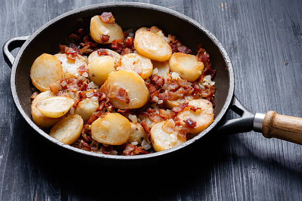 close up of traditional german pan-fried potatoes bratkartoffeln
