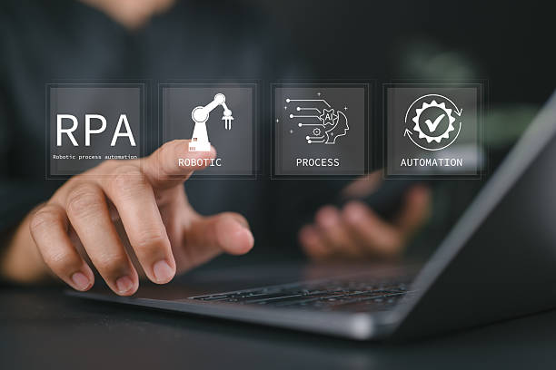 istock RPA, Robotic process automation concept. Digital transformation and change management, Business automation with AI. Man use laptop with RPA icons on virtual screen. 2234567783