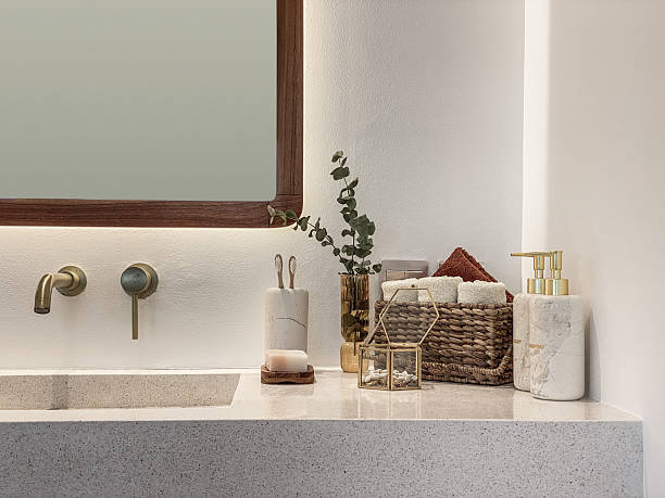 istock Modern bathroom  with golden modern mixer tap 2234568430