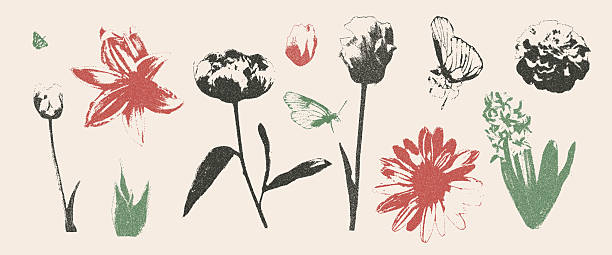 Butterfly and flowers photocopy retro set. Daisy, peony and lily. Y2k grain elements. Stippling collage shapes isolated on beige background. Vector red, black and green colors noisy illustration.