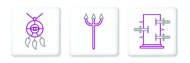 Set line Trunk for magic tricks Dream catcher with feathers and Neptune Trident icon. Vector.