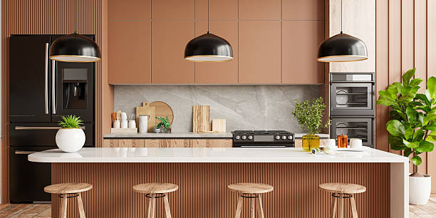 istock Modern kitchen interior with island, wooden stools and stylish lighting- 3D rendering 2234596757