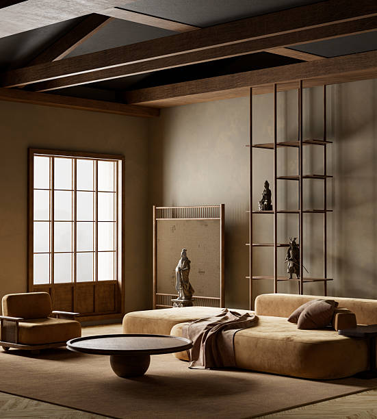 istock Japandi living room interior with natural elegance. 3D illustration 2234601929