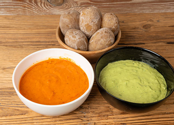 istock Red mojo rojo and green mojo verde sauces, traditional Tenerife dips, mojo picon dressing 2234603364