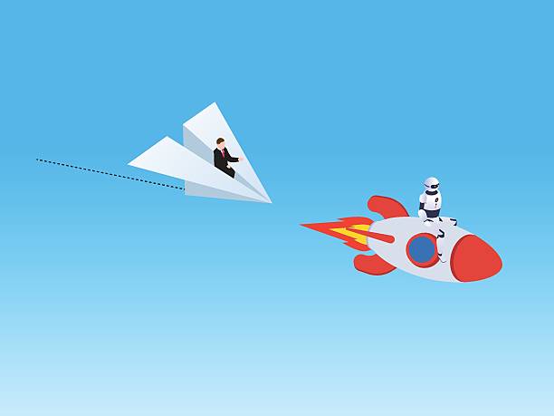istock Businessman on a paper plane flying past a robot on a rocket 3d isometric vector illustration 2234604148
