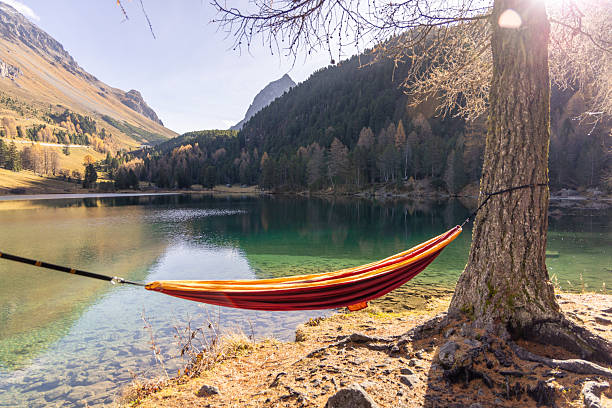 istock Empty Hammock by Mountain Lake in Autumn 2234607743