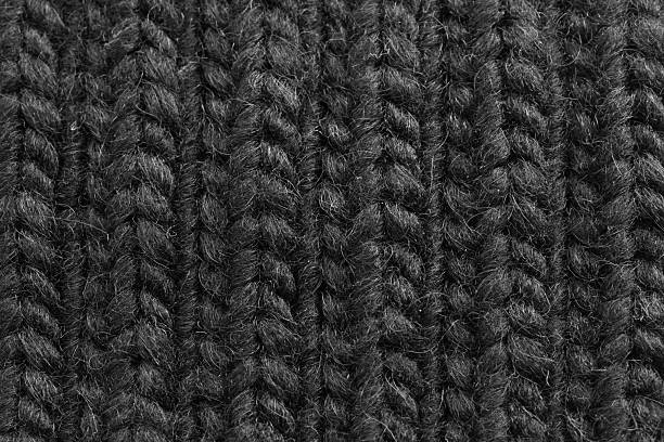 istock Knitted woolen black fabric pattern. Macro texture of a sweater showing woven yarn details 2234617632