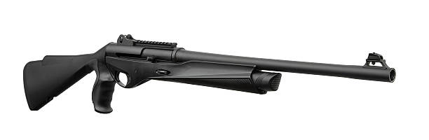 istock A modern black tactical shotgun with an adjustable stock isolated on a clean white background. 2234622304