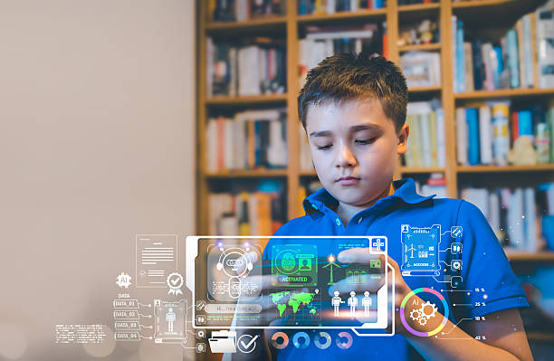 istock Boy using smartphone with futuristic AI,digital interface of humanity,technology,environment in library with digital tool.Concept Education future learning,Renewable energy for school project STEM 2234626473